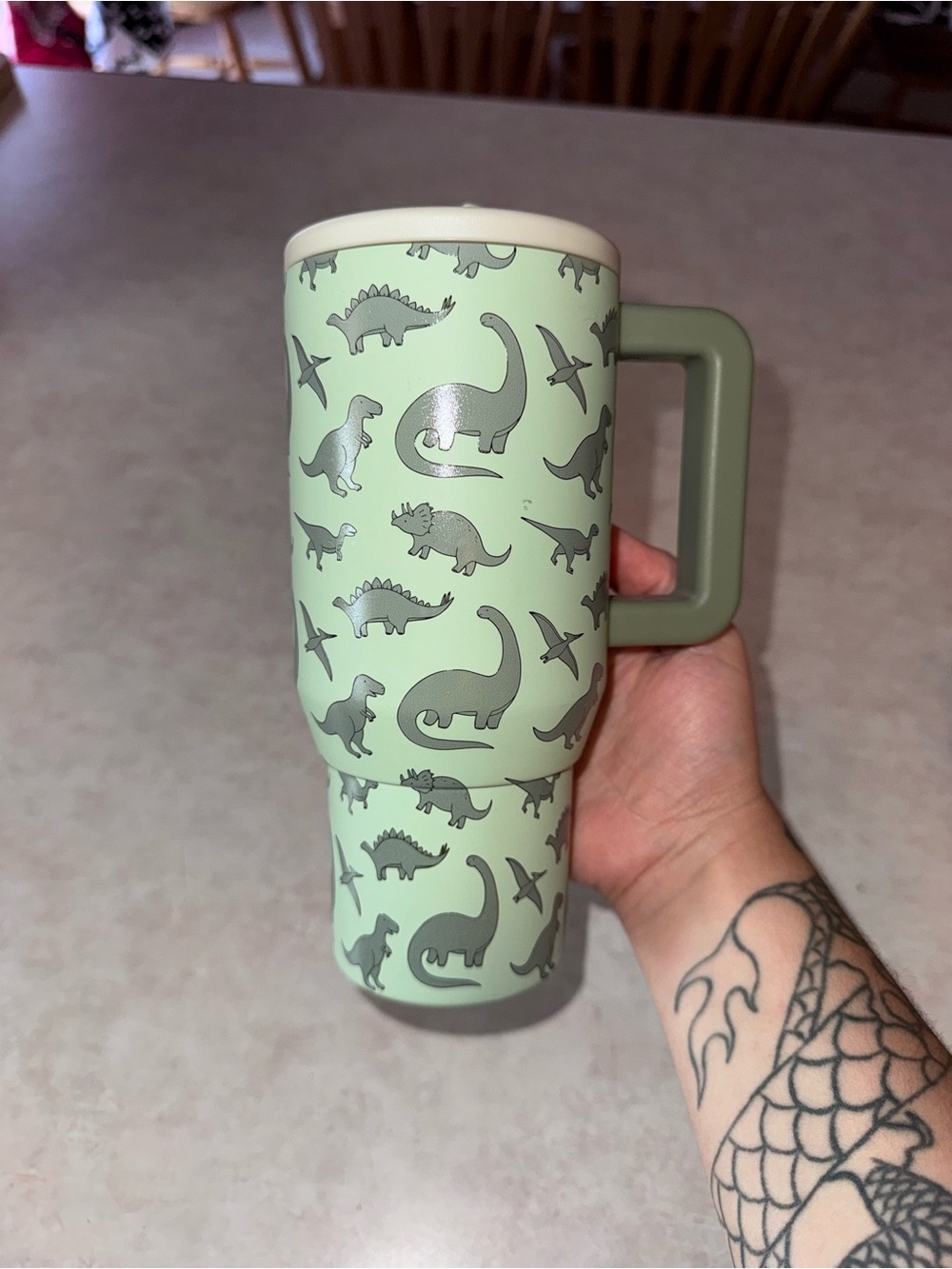 HydroJug Pale Green Dino Pattern Insulated Tumbler with Olive Handle